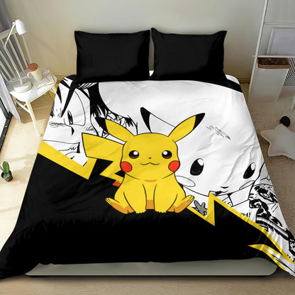 PKM Bedding Set PKM Pikachu Comic Pattern Duvet Covers Black White Unique Gift