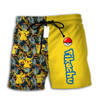 PKM Shorts PKM Pikachu Tropical Pattern Beach Shorts Yellow Black