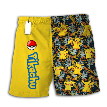 PKM Shorts PKM Pikachu Tropical Pattern Beach Shorts Yellow Black