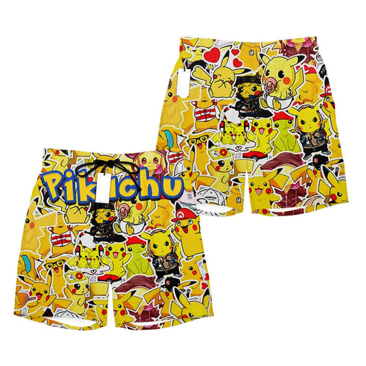 PKM Shorts PKM Pikachu Graphic Pattern Beach Shorts Yellow