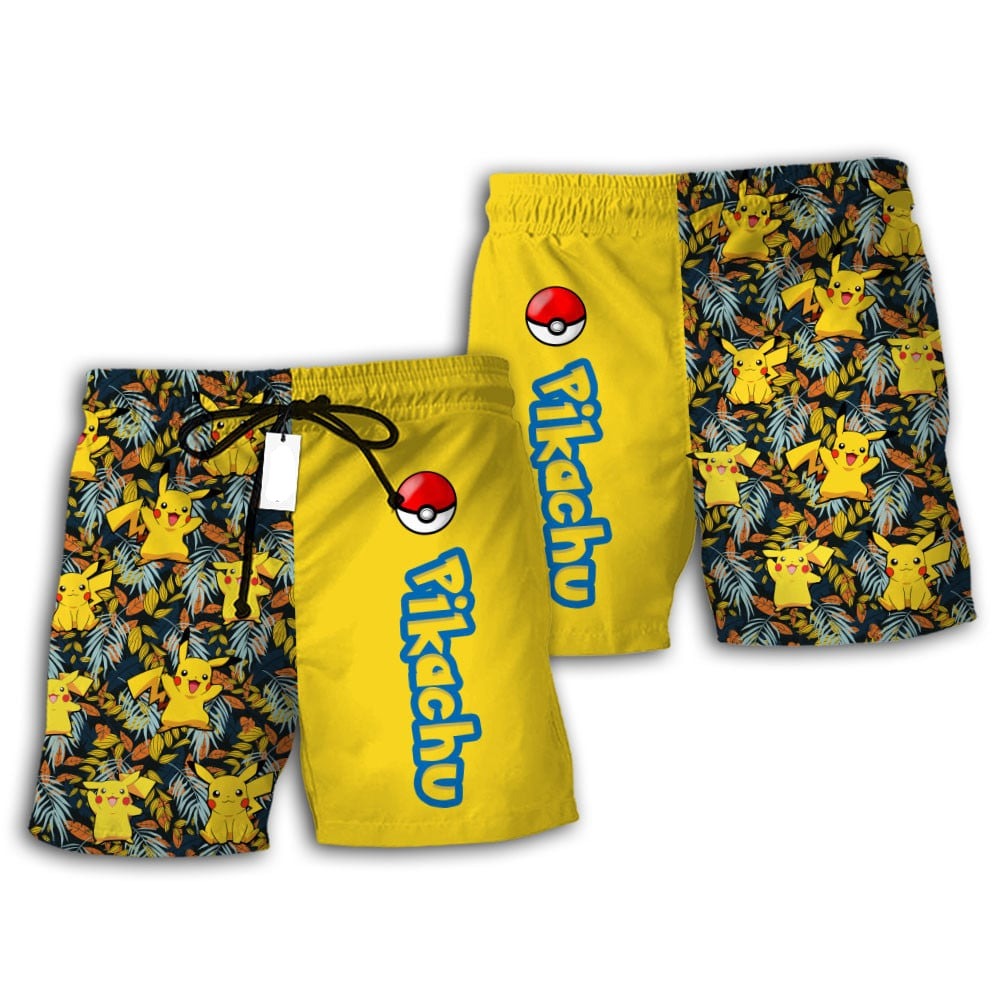 PKM Shorts PKM Pikachu Tropical Pattern Beach Shorts Yellow Black