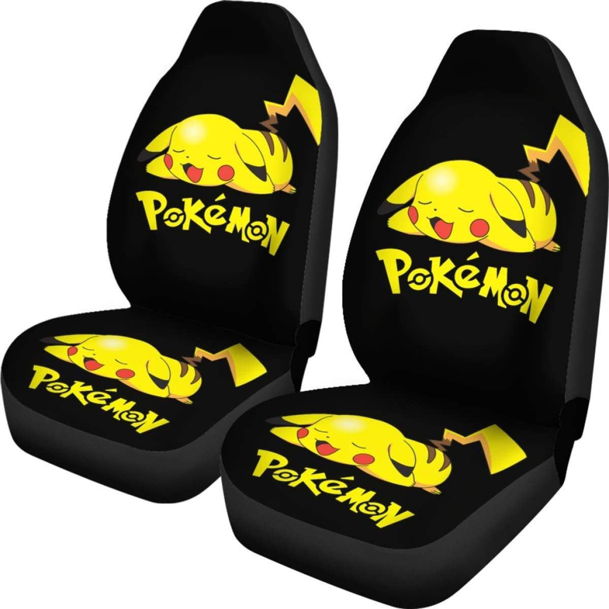 PKM Car Seat Covers Cute Pikachu Sleepy Graphic Seat Covers Black Yellow