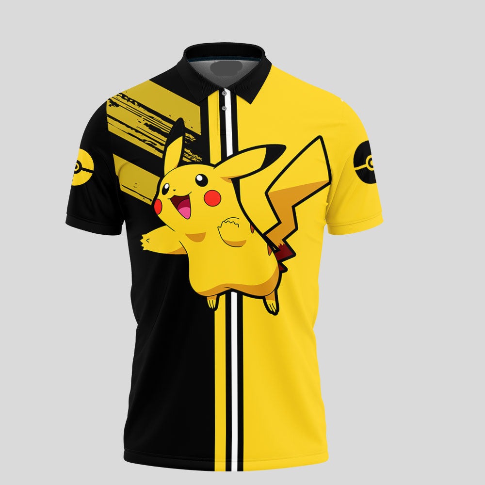 PKM Polo Shirt PKM Pikachu Pokeball Silhouette Pattern Polo Tees Black Yellow