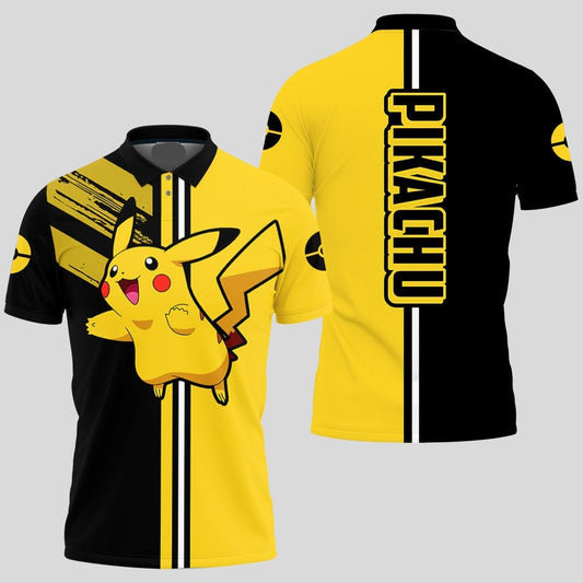 PKM Polo Shirt PKM Pikachu Pokeball Silhouette Pattern Polo Tees Black Yellow