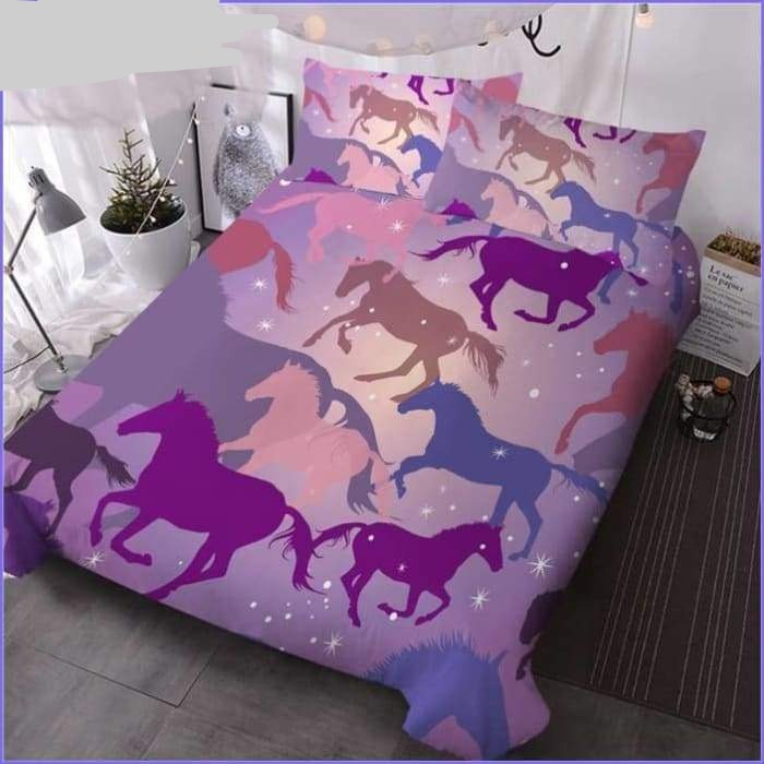 Horse Bedding Set Horse Poses Silhouette Pattern Duvet Covers Pink Purple Unique Gift