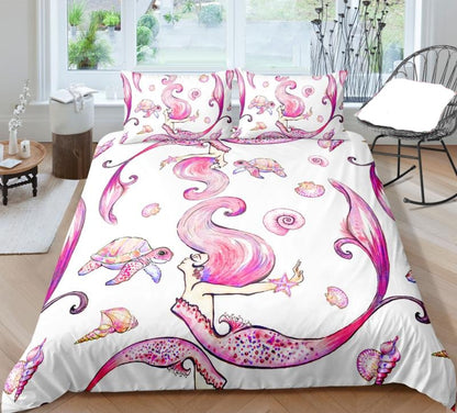 Mermaid Bedding Set Mermaid Turtle Conch Shell Pattern Duvet Covers White Pink Unique Gift