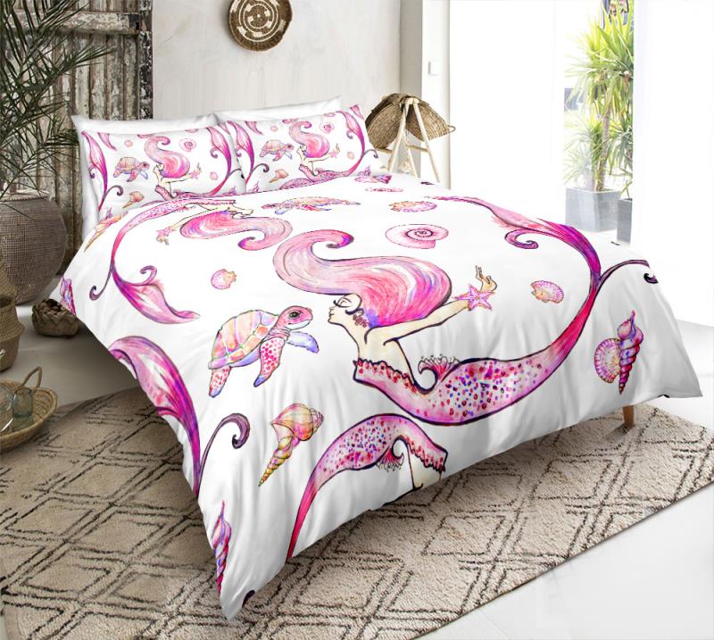 Mermaid Bedding Set Mermaid Turtle Conch Shell Pattern Duvet Covers White Pink Unique Gift