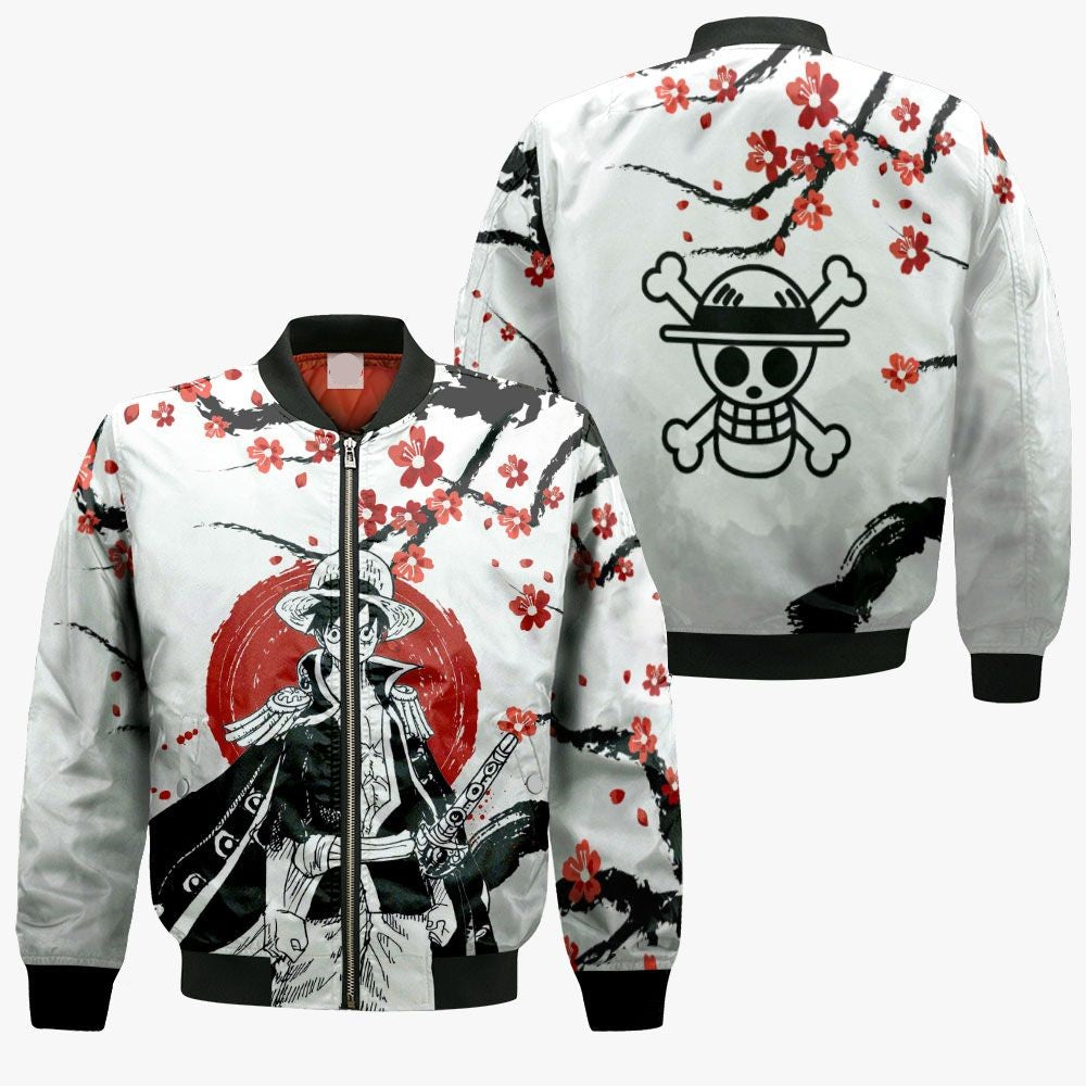 One Piece Bomber Jacket Pirate King Luffy Jolly Roger Symbol Bomber White Red Unisex