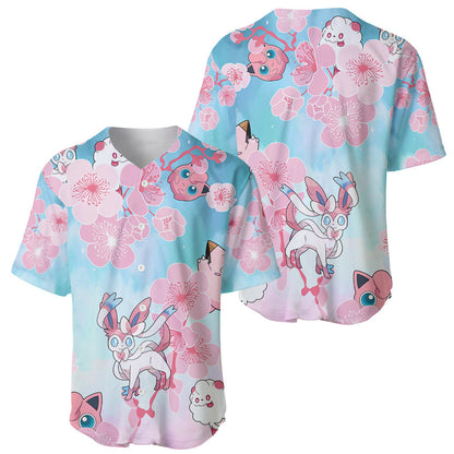 PKM Baseball Jersey PKM Fairy Type With Sakura Pattern Jersey Shirt Pink Blue Unisex