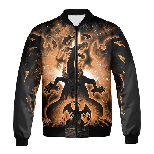 PKM Bomber Jacket PKM Charizard Silhouette Graphic Bomber Black Orange Unisex