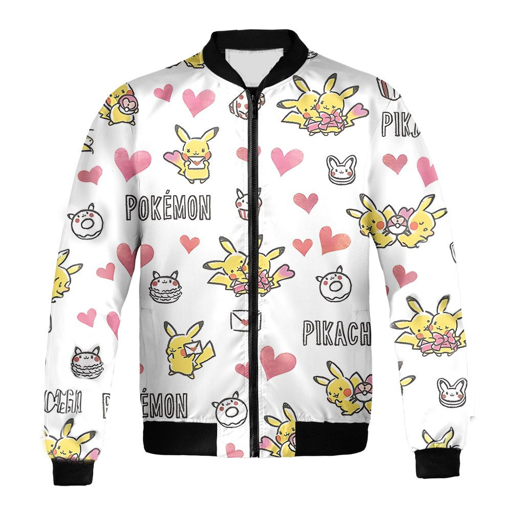 PKM Bomber Jacket PKM Pikachu Donut Valentine Bomber White Unisex