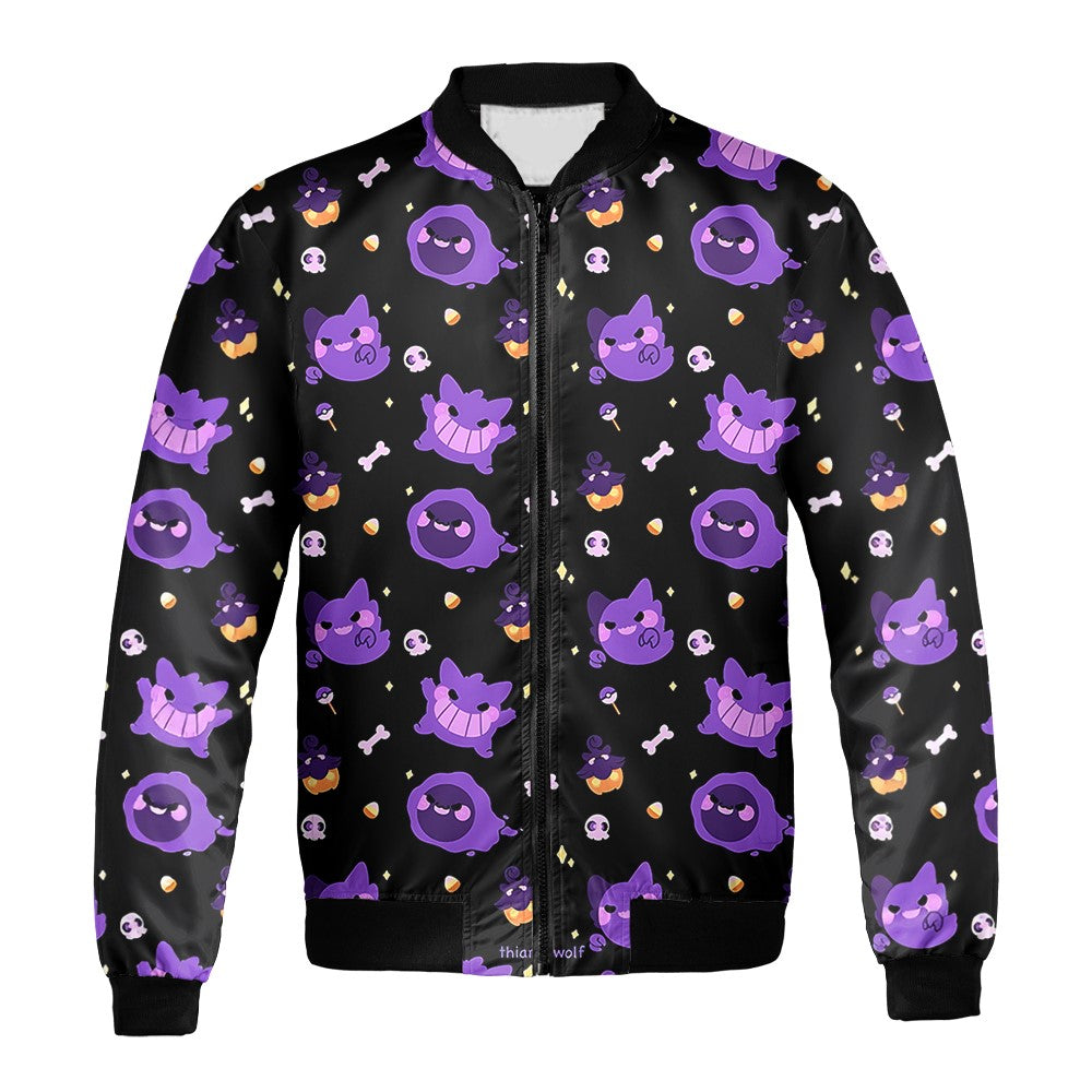 PKM Bomber Jacket Cute Chibi Gengar Evolution Pattern Bomber Black Purple Unisex