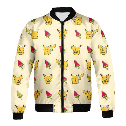 PKM Bomber Jacket Chibi Pikachu And Watermelon Pattern Bomber Yellow Unisex