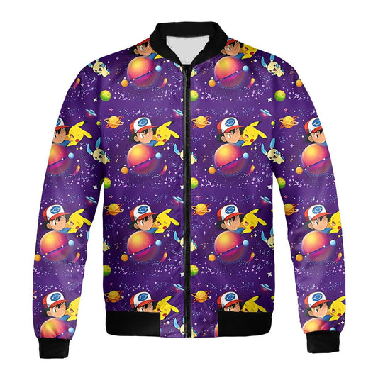 PKM Bomber Jacket PKM Pikachu Ash Ketchum Galaxy Bomber Purple Unisex