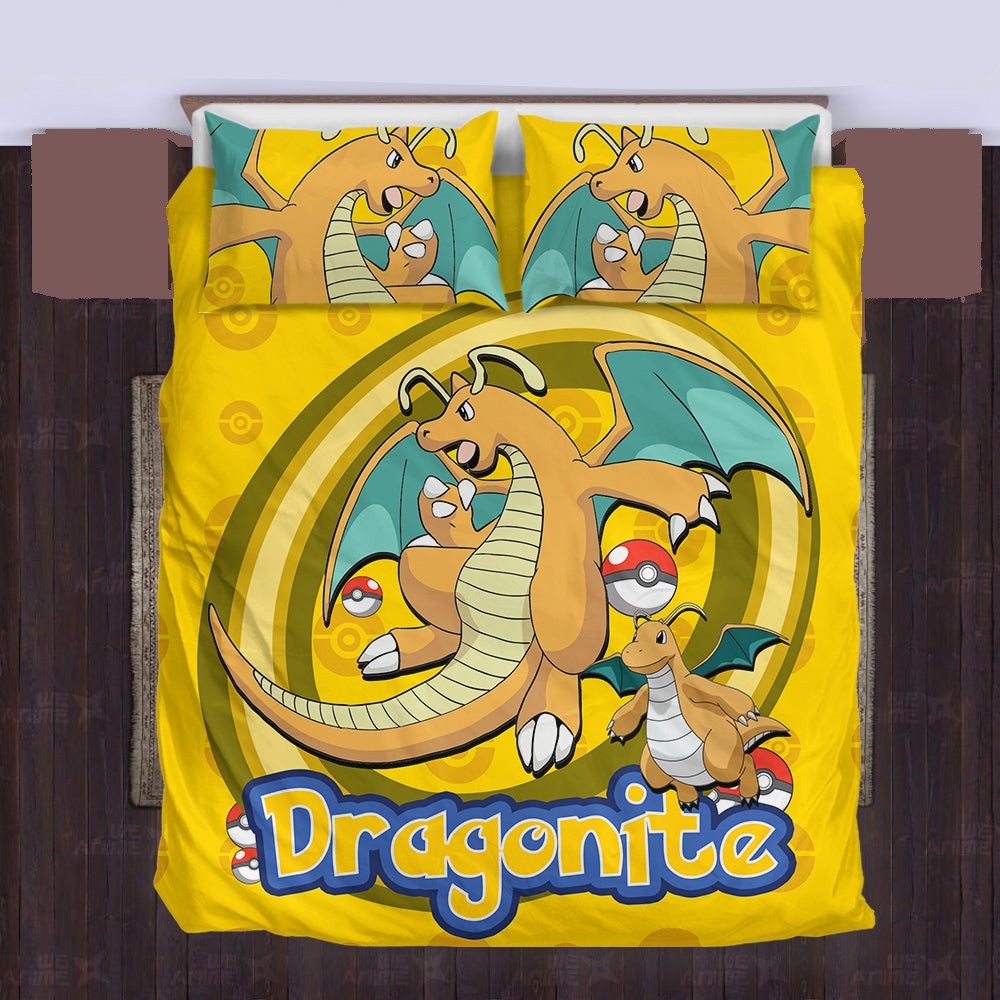 PKM Bedding Set PKM Dragon Type Dragonite Graphic Duvet Covers Yellow Unique Gift