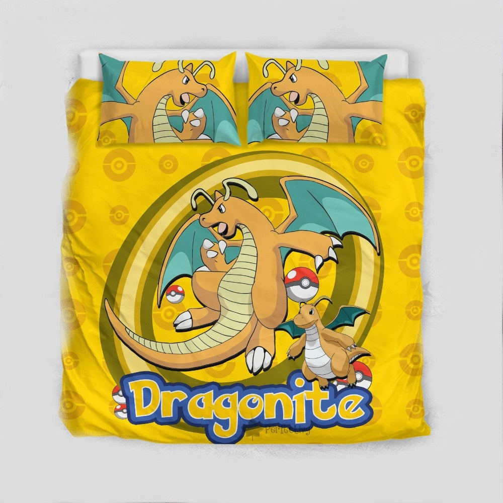 PKM Bedding Set PKM Dragon Type Dragonite Graphic Duvet Covers Yellow Unique Gift