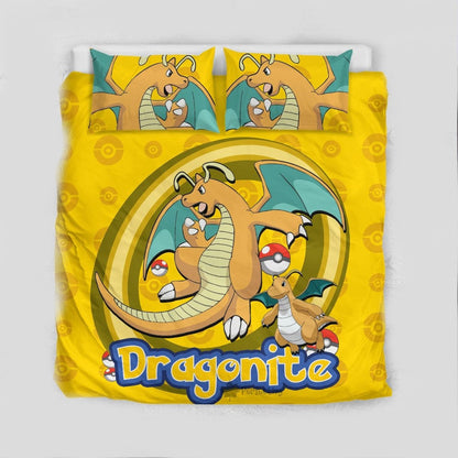 PKM Bedding Set PKM Dragon Type Dragonite Graphic Duvet Covers Yellow Unique Gift