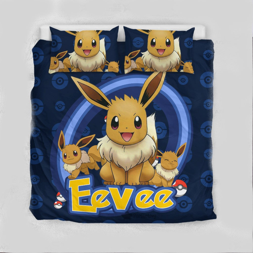 PKM Bedding Set PKM Normal Type Eevee Graphic Duvet Covers Blue Brown Unique Gift