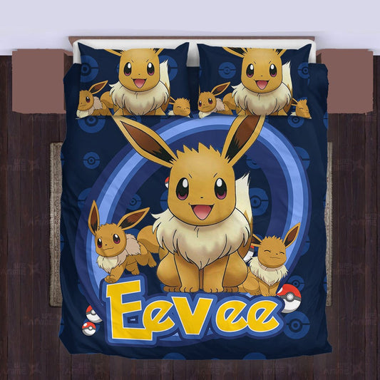 PKM Bedding Set PKM Normal Type Eevee Graphic Duvet Covers Blue Brown Unique Gift