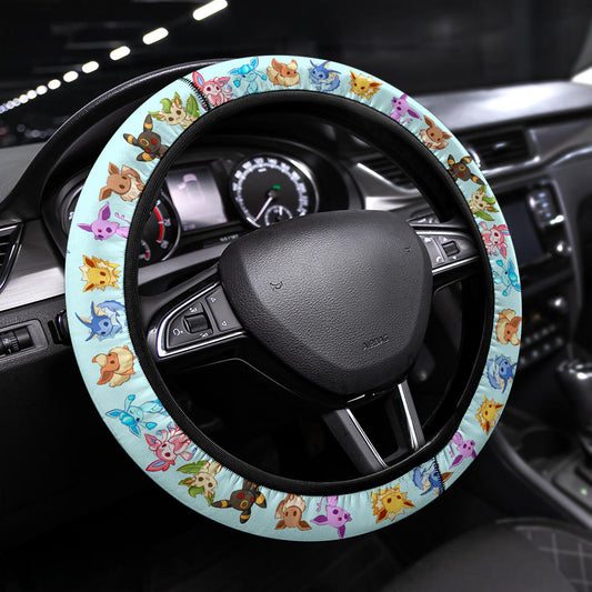 PKM Steering Wheel Cover Chibi All Type Eevee Evolution Pattern Driving Wheel Cover Colorful