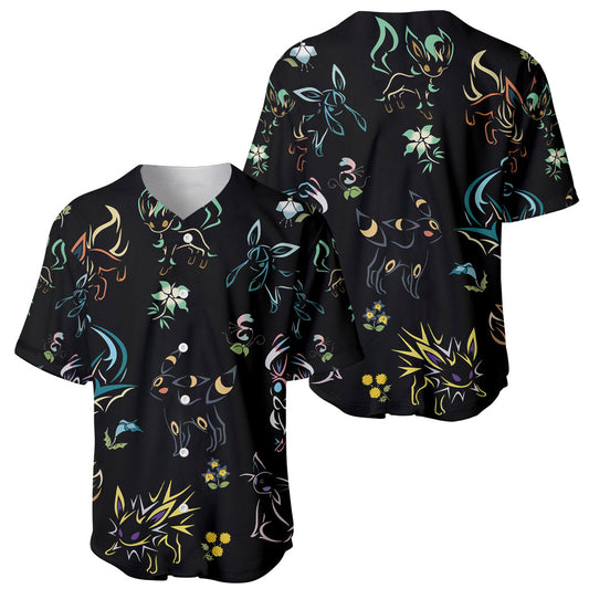 PKM Baseball Jersey PKM Eeveelutions Silhouette Flower Pattern Jersey Shirt Black Unisex