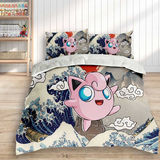 PKM Bedding Set Kanagawa Great Wave Jigglypuff Duvet Covers Pink Blue Unique Gift