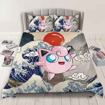 PKM Bedding Set Kanagawa Great Wave Jigglypuff Duvet Covers Pink Blue Unique Gift