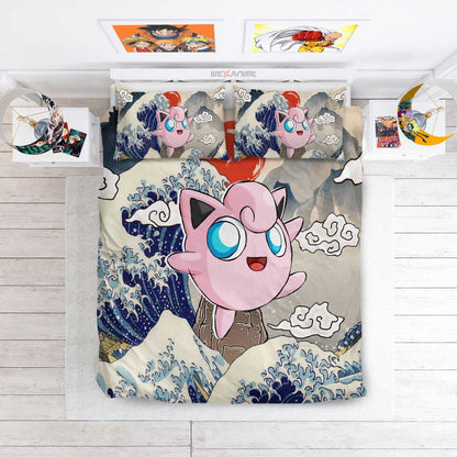 PKM Bedding Set Kanagawa Great Wave Jigglypuff Duvet Covers Pink Blue Unique Gift