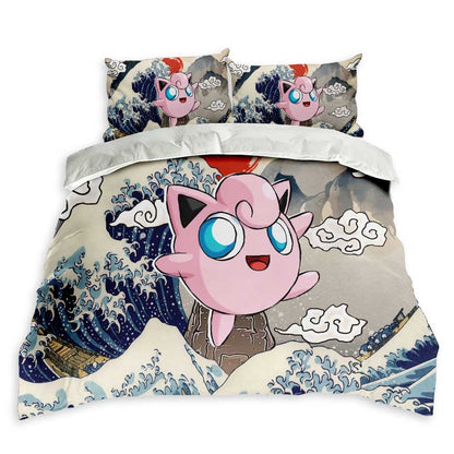 PKM Bedding Set Kanagawa Great Wave Jigglypuff Duvet Covers Pink Blue Unique Gift