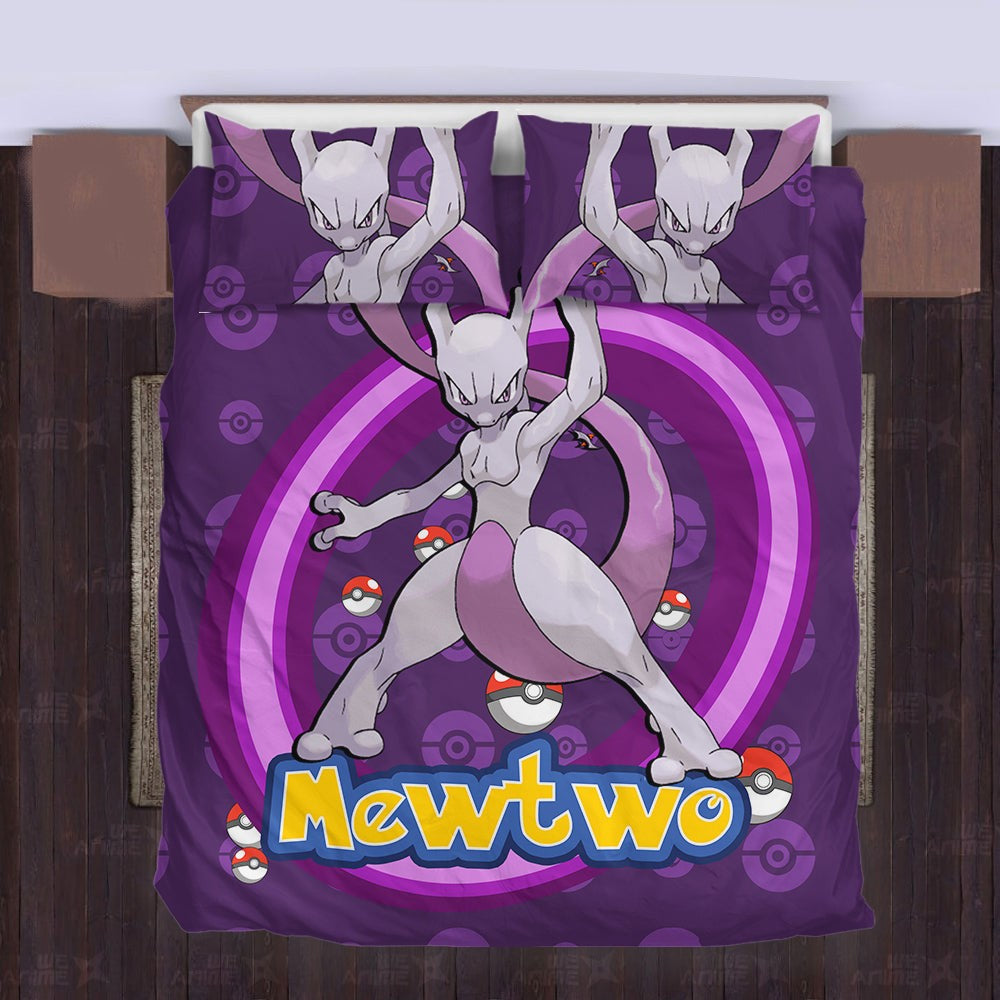 PKM Bedding Set PKM Psychic Type Mewtwo Graphic Duvet Covers Purple Unique Gift