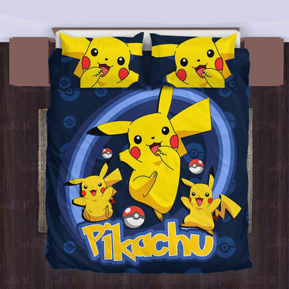 PKM Bedding Set PKM Electric Type Pikachu Graphic Duvet Covers Yellow Blue Unique Gift