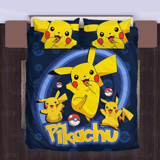 PKM Bedding Set PKM Electric Type Pikachu Graphic Duvet Covers Yellow Blue Unique Gift