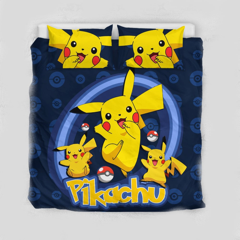 PKM Bedding Set PKM Electric Type Pikachu Graphic Duvet Covers Yellow Blue Unique Gift