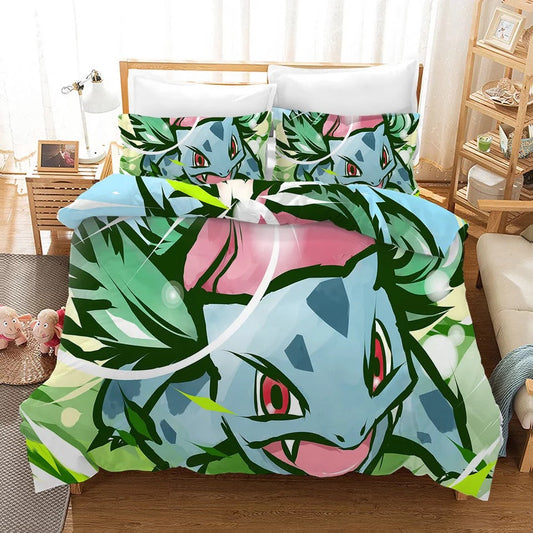 PKM Bedding Set PKM Rose Bulbasaur Graphic Duvet Covers Green Blue Unique Gift