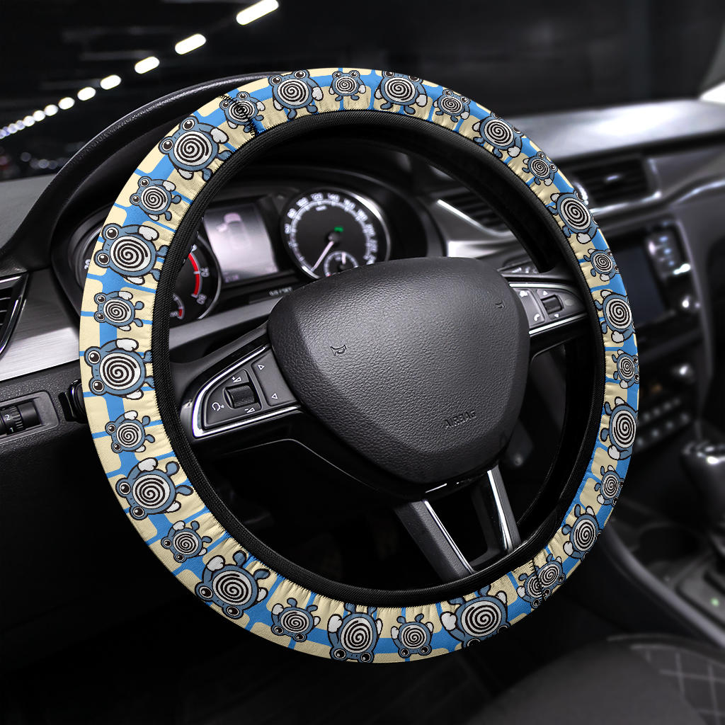 PKM Steering Wheel Cover Chibi PKM Poliwhirl Pattern Driving Wheel Cover Blue White