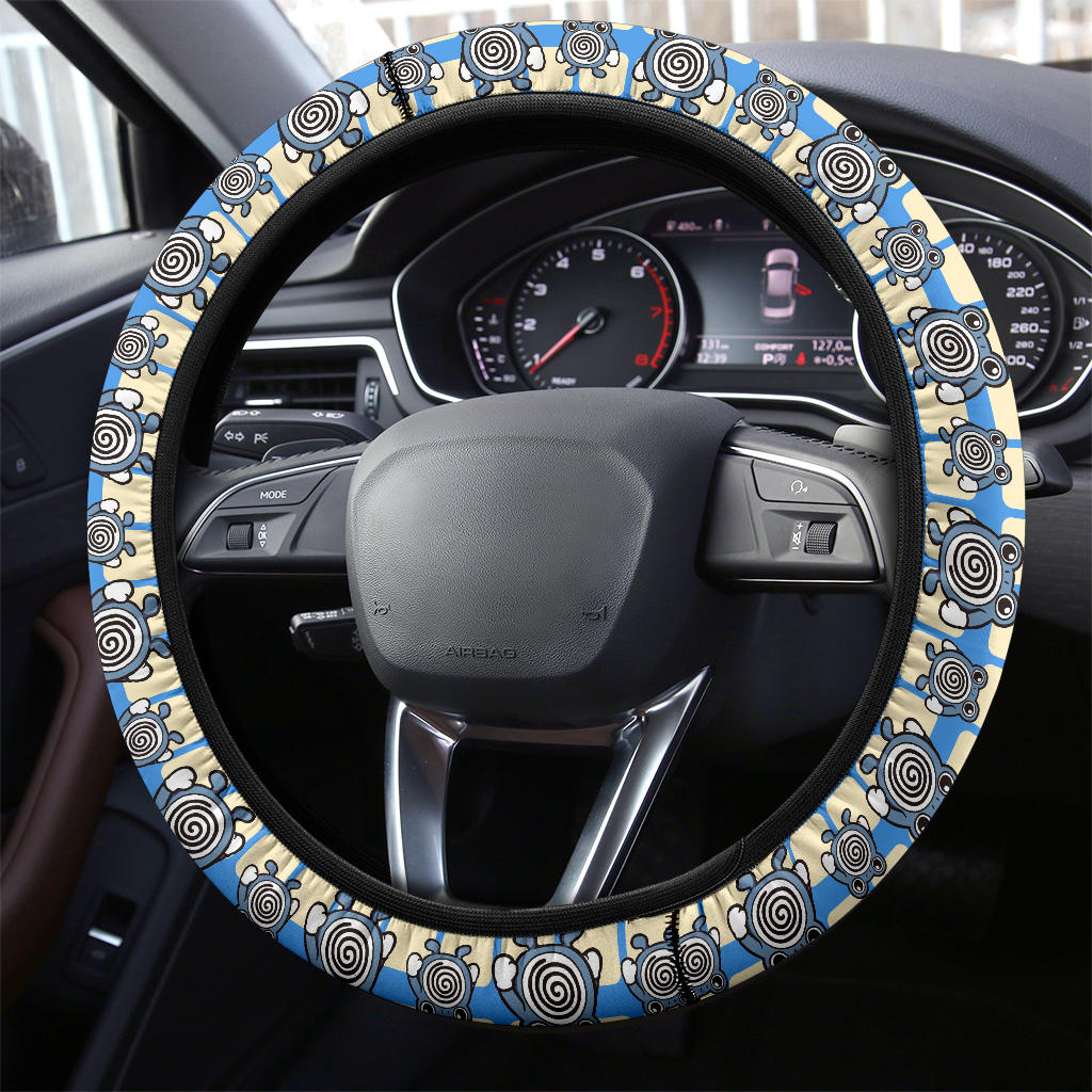 PKM Steering Wheel Cover Chibi PKM Poliwhirl Pattern Driving Wheel Cover Blue White