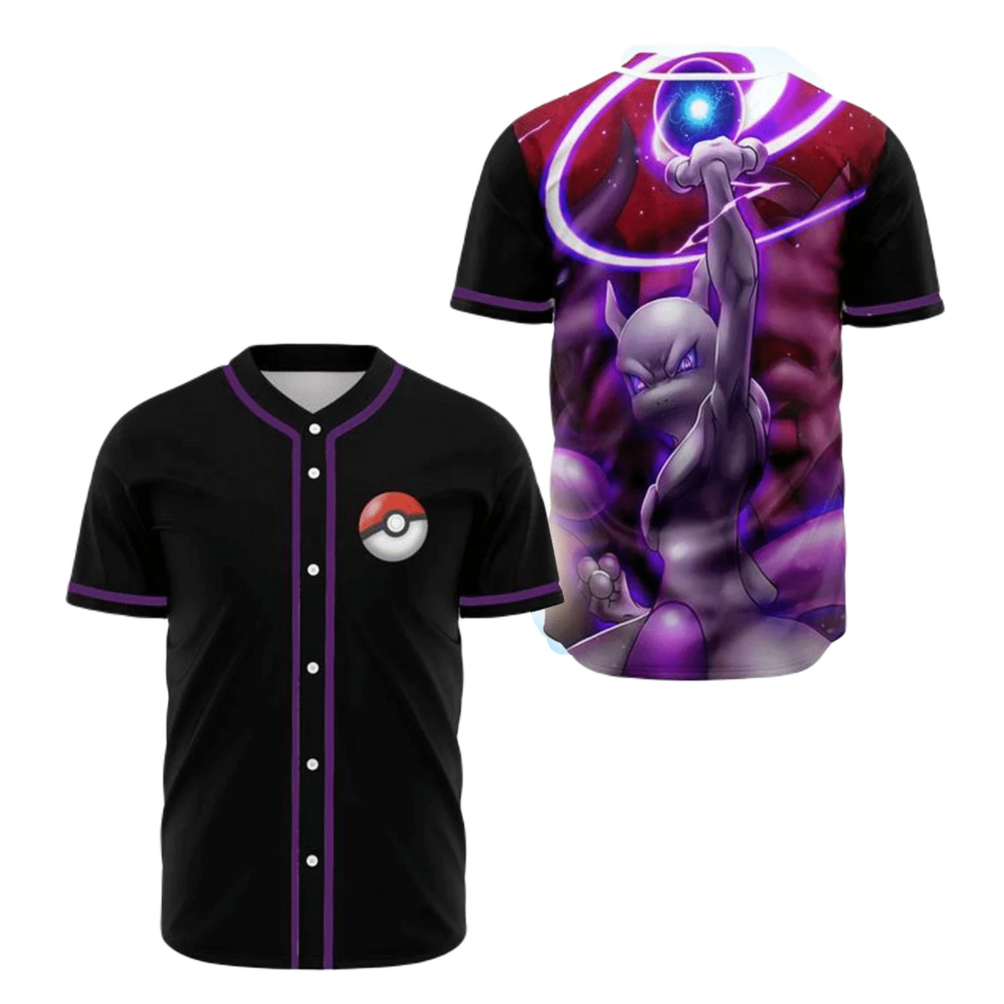 PKM Baseball Jersey MewTwo Graphic PKM Jersey Shirt Black Purple Unisex Adult New Release