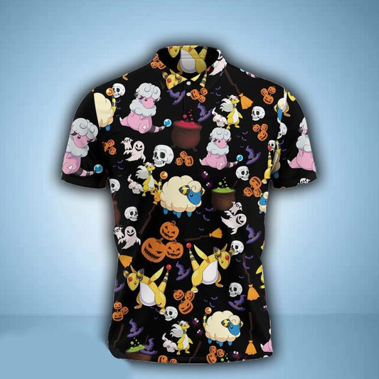 PKM Polo Shirt Hslloween PKM Ampharos Pattern Polo Tees Black