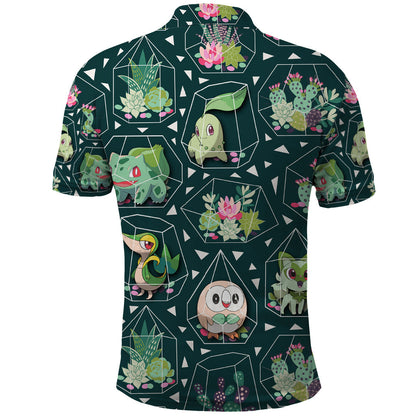 PKM Polo Shirt Grass Type PKM Terrarium Pattern Polo Tees Green