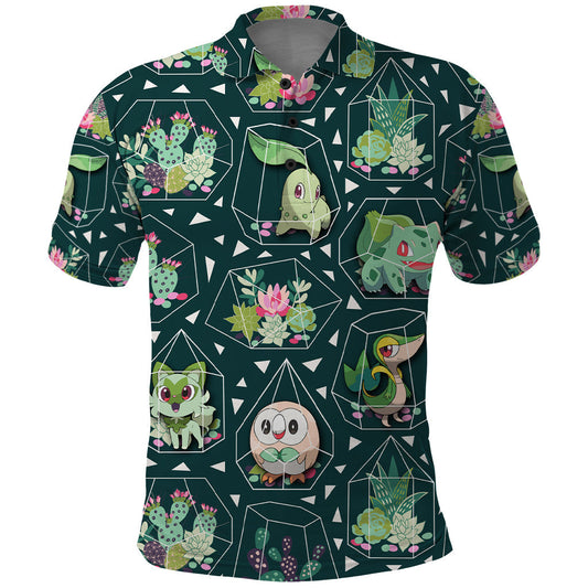 PKM Polo Shirt Grass Type PKM Terrarium Pattern Polo Tees Green