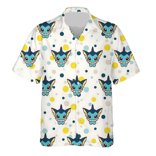 PKM Hawaii Shirt Chibi PKM Vaporeon Pattern Hawaiian Shirt White Blue Unisex