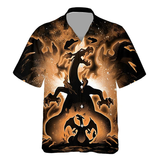 PKM Hawaii Shirt PKM Fire Type Charizard Evolution Hawaiian Shirt Black Orange Unisex