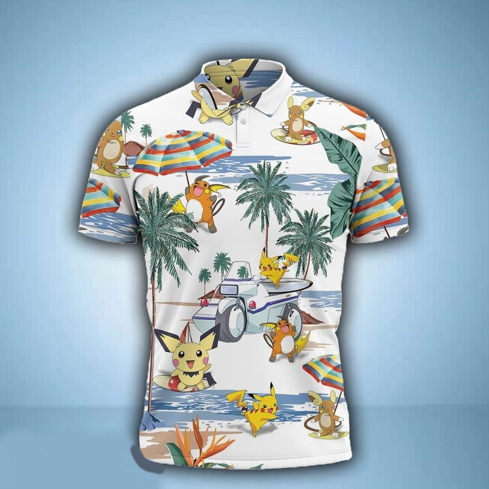 PKM Polo Shirt Tropical Pikachu Pichu Raichu Pattern Polo Tees White