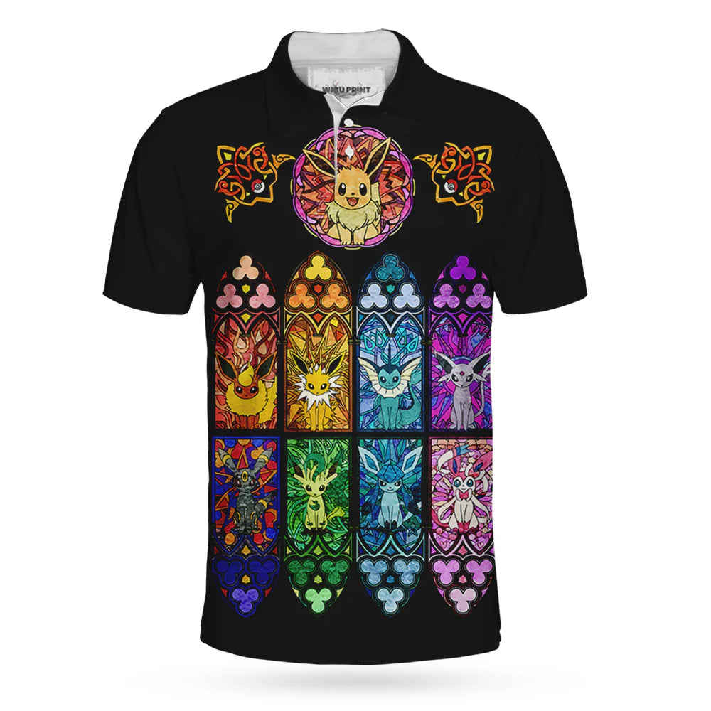 PKM Polo Shirt All Eevee Evolution PKM Stained Glass Polo Tees Colorful