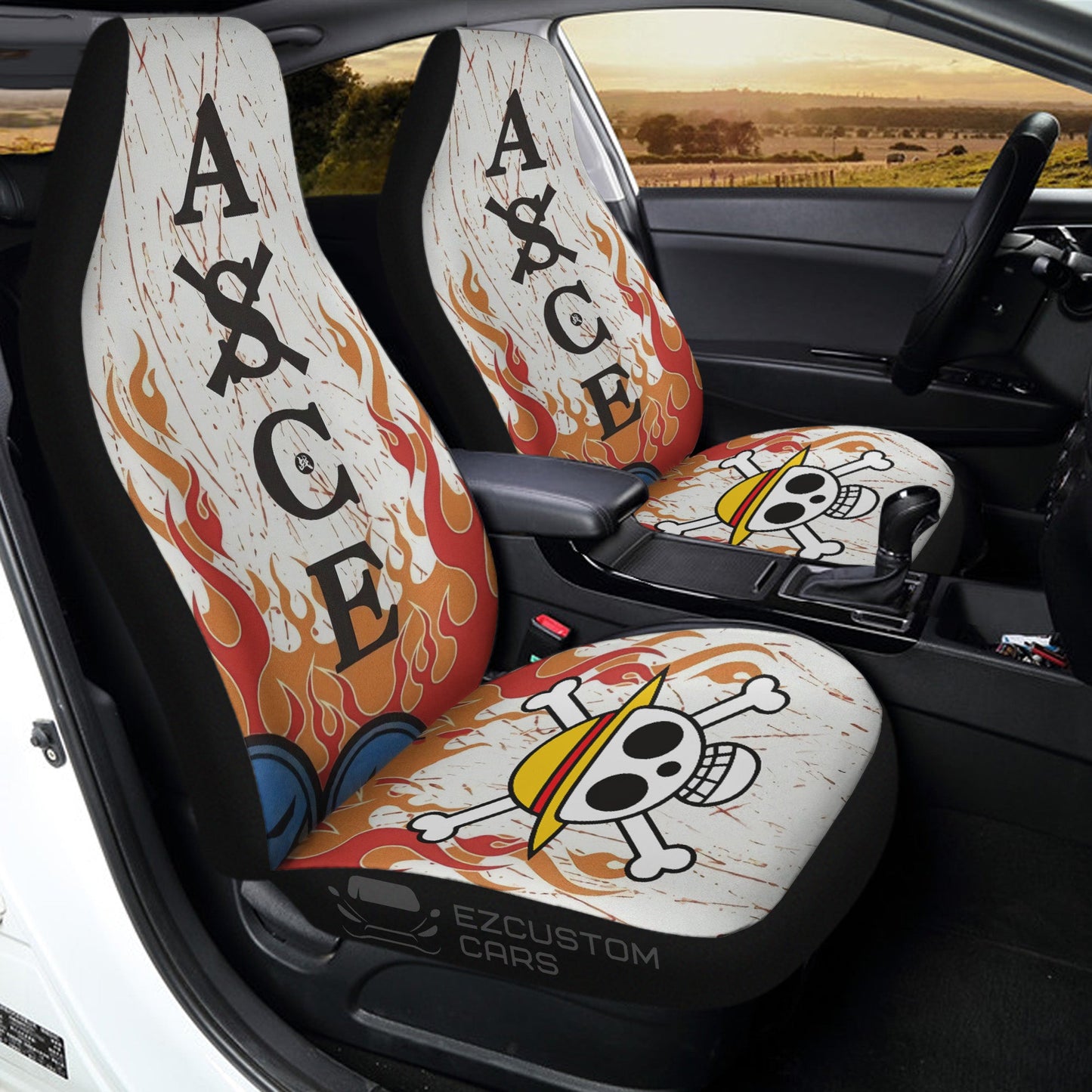 One Piece Car Seat Covers Portgas D Ace Symbol On Fire Seat Covers White Red