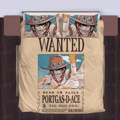 One Piece Bedding Set Portgas D Ace Wanted Paper Duvet Covers Brown Unique Gift