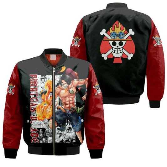 One Piece Bomber Jacket Portgas D Ace Graphic Jolly Roger Symbol Bomber Black Red Unisex