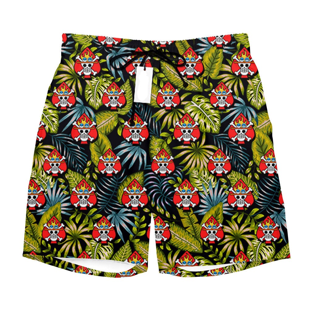 One Piece Shorts Portgas D Ace Jolly Roger Tropical Pattern Beach Shorts Green Red