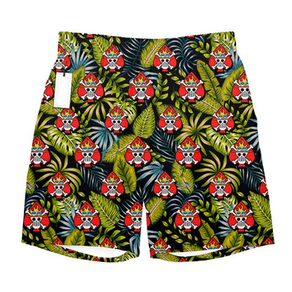 One Piece Shorts Portgas D Ace Jolly Roger Tropical Pattern Beach Shorts Green Red