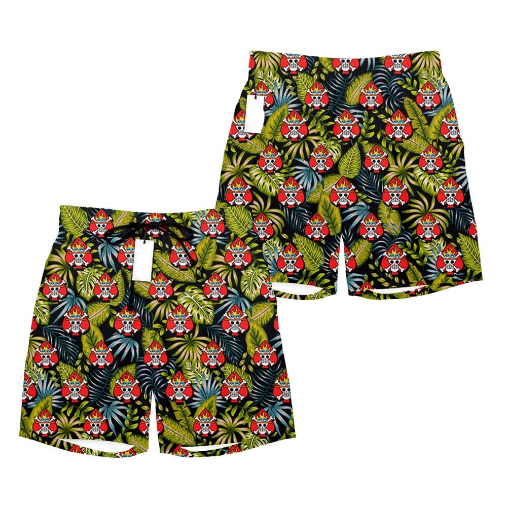 One Piece Shorts Portgas D Ace Jolly Roger Tropical Pattern Beach Shorts Green Red